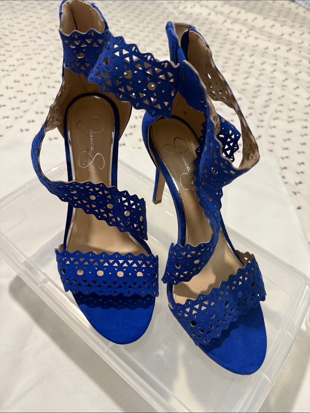 Jessica Simpson Cobalt Blue Laser-Cut Scalloped High Heel Sandals